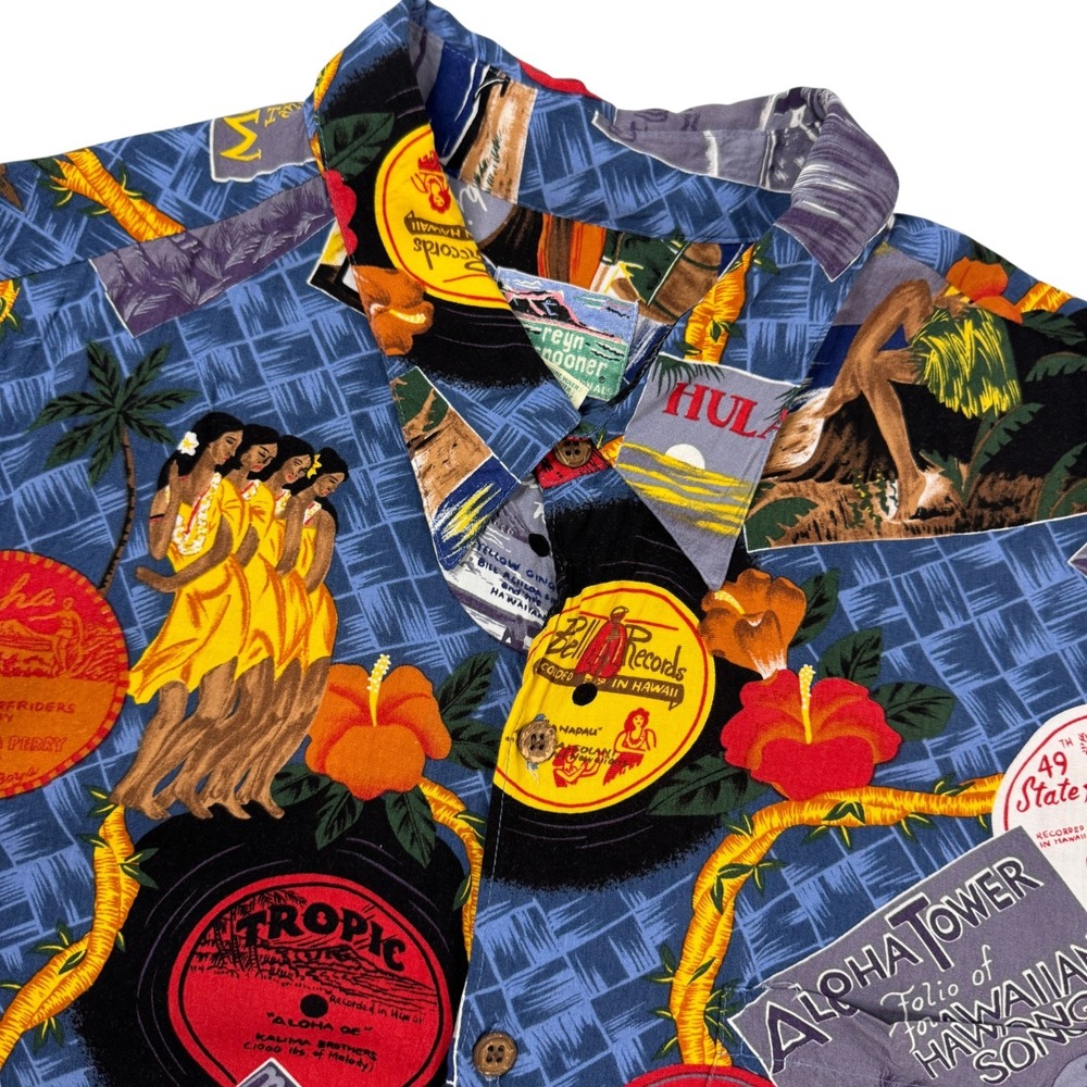 Reyn Spooner Hawaiian Shirt Mens XXL Blue Vintage Vinyl Records Hula Rayon